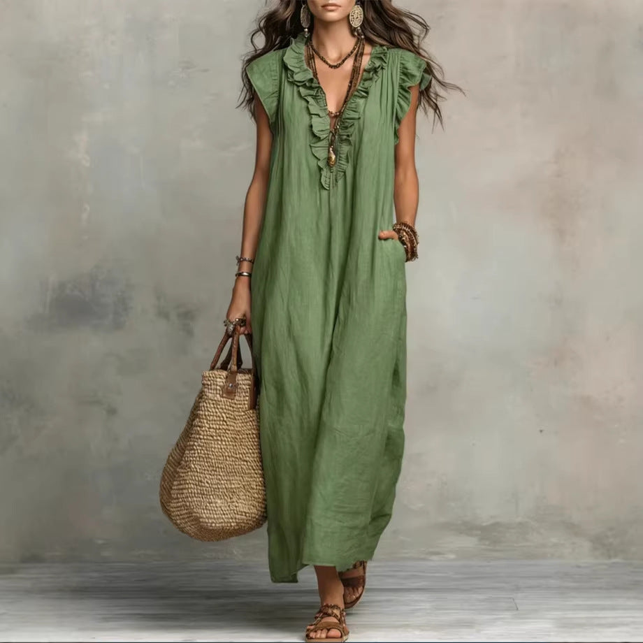 Summer Ruffle Dress With Pockets-Elegant. Casual