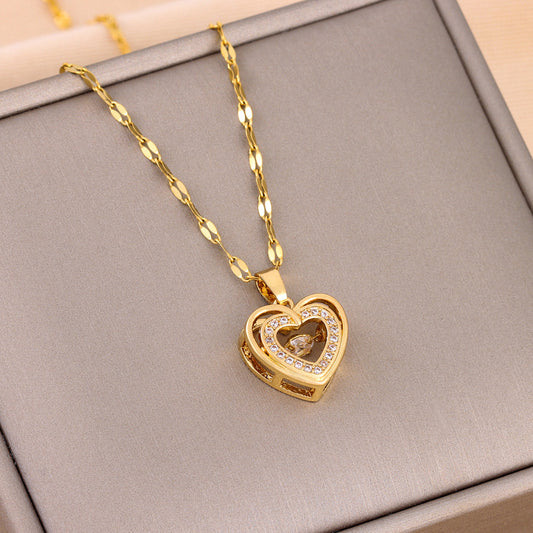 Double-layer Love Necklace With Rhinestones- Titanium Steel