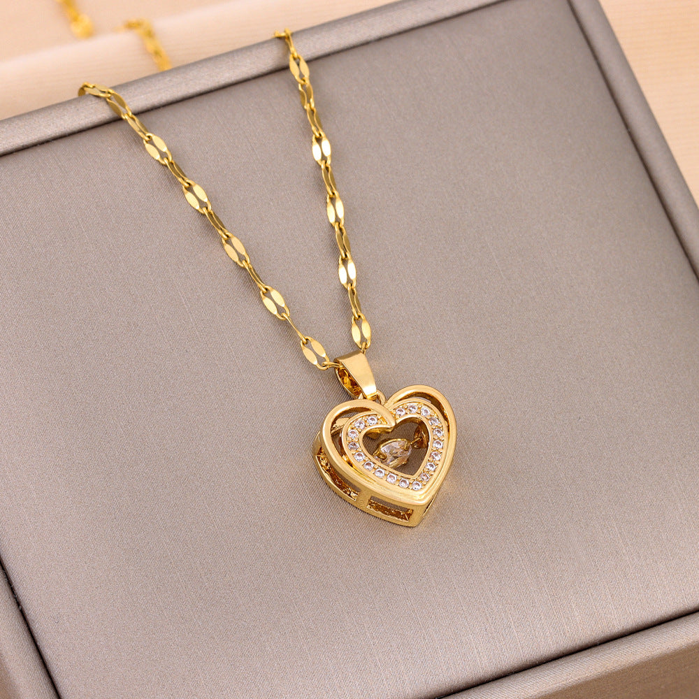 Double-layer Love Necklace With Rhinestones- Titanium Steel