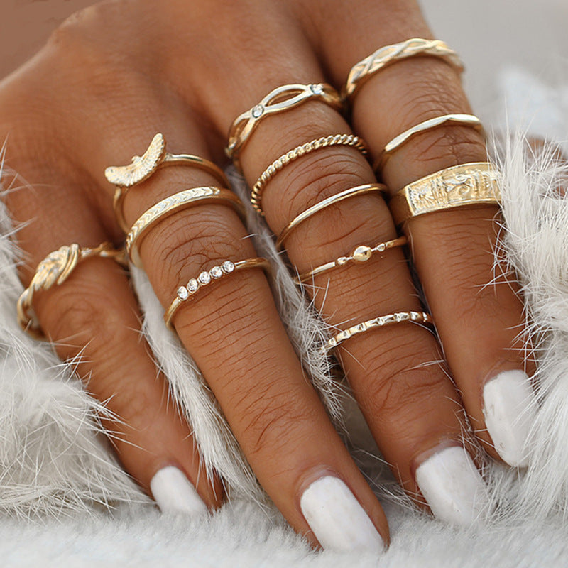 Boho Retro Geometric Lotus Sunflower Combination Ring Set