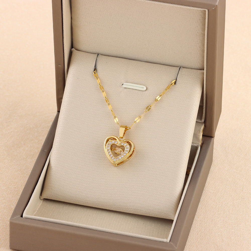 Double-layer Love Necklace With Rhinestones- Titanium Steel