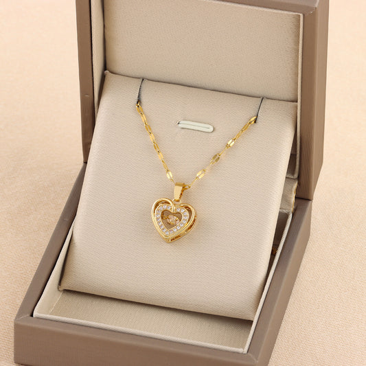 Double-layer Love Necklace With Rhinestones- Titanium Steel