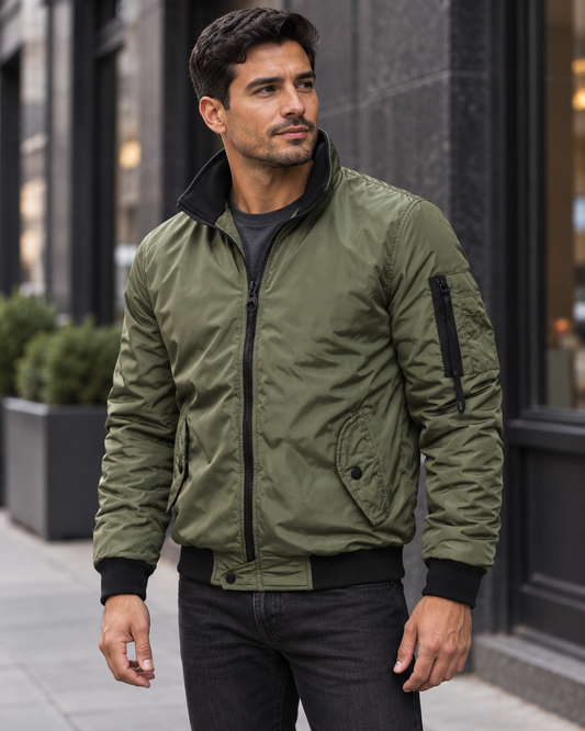 Zip Up Lightweight Bomber Jacket- Green/Black/Navy