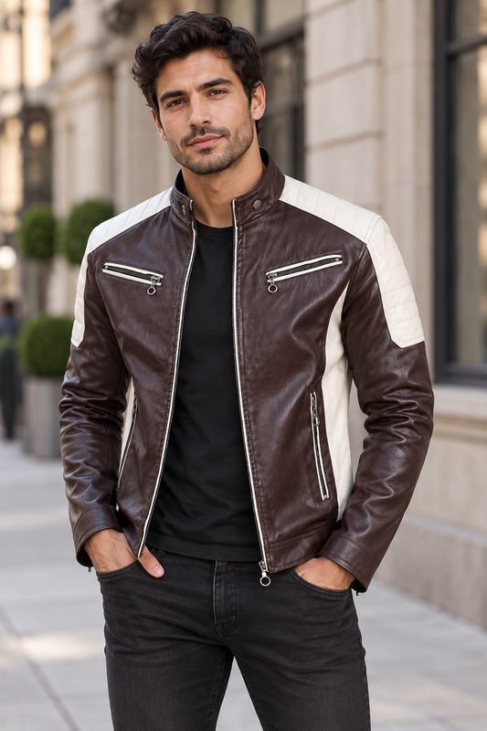 Men’s Color Block Leather Jacket — Brown & Cream/Black/Red